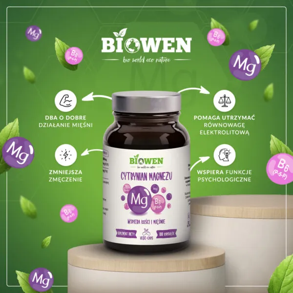 Cytrynian magnezu 825 mg z witaminą B6 (P-5-P) Biowen – 100 kapsułek - obrazek 3