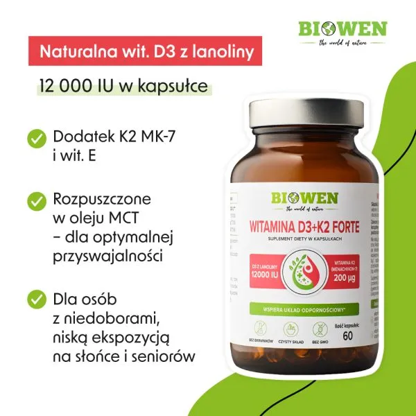 Witamina D3 + K2 Forte Biowen 12000 IU – 60 kapsułek - obrazek 2