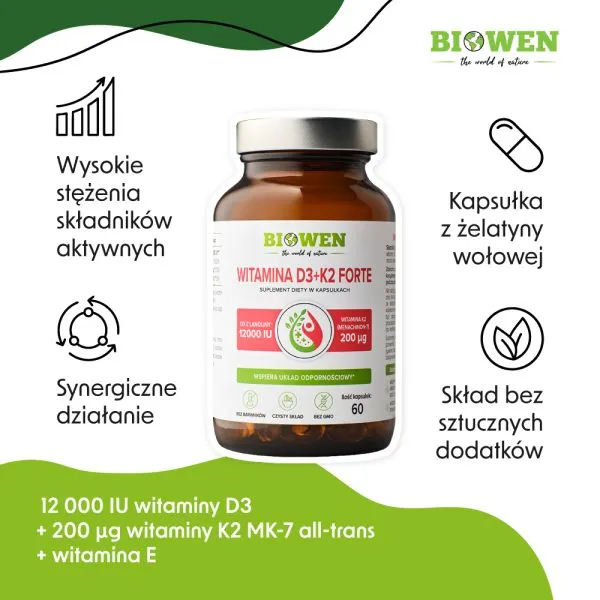Witamina D3 + K2 Forte Biowen 12000 IU – 60 kapsułek - obrazek 3